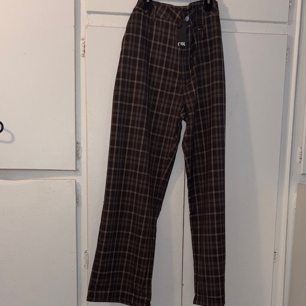 Wide Leg Plaid Pants in Brown